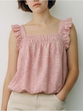 PerSeption Concepts Sleeveless Pink Ruffle Eyelet Tank Top - Women SZ LRG EUC